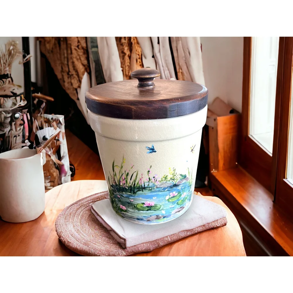 Hand Painted Signed Stoneware Crock Storage Idea One of a Kind Handpainted Gift